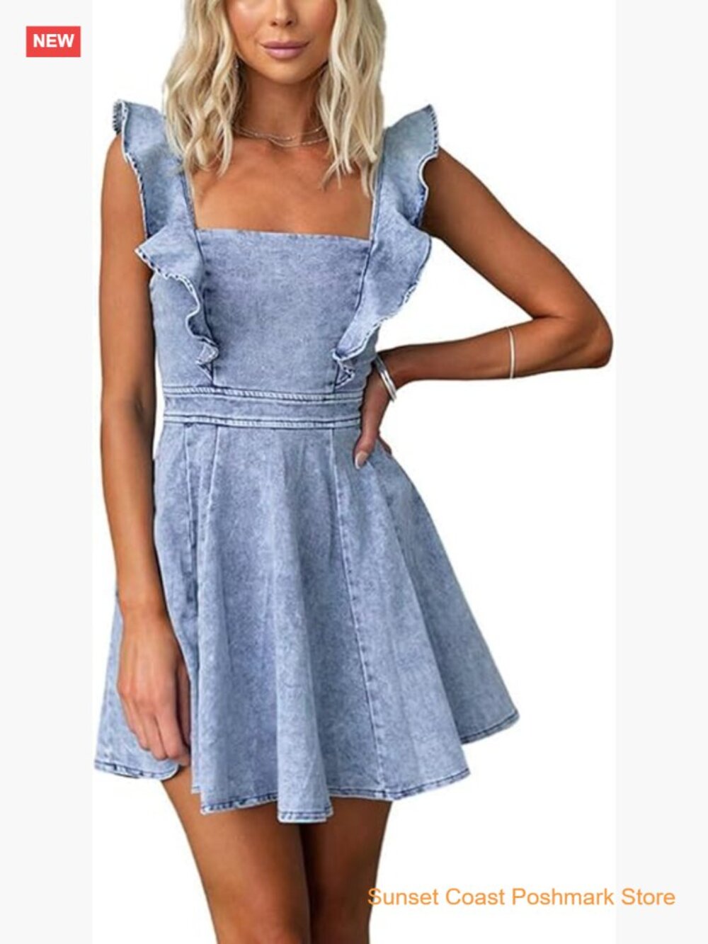 Ruffle Adjustable Strap Sleeveless Backless Babydoll Mini Denim Dress